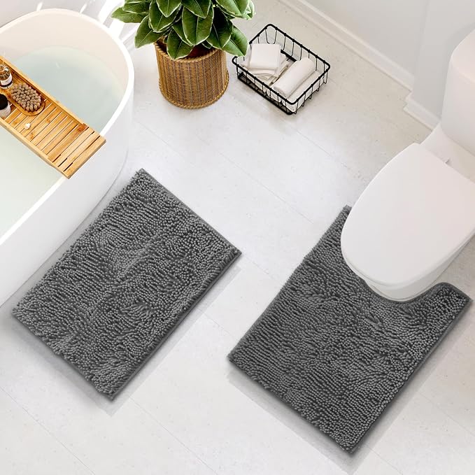 Hearth & Harbor Bathroom Rugs, Chenille Bath Mat - Machine Washable Bath Mats for Bathroom Non-Slip Backing Rubber, Quick Dry Bathroom Mat - Grey 17x24-20x24