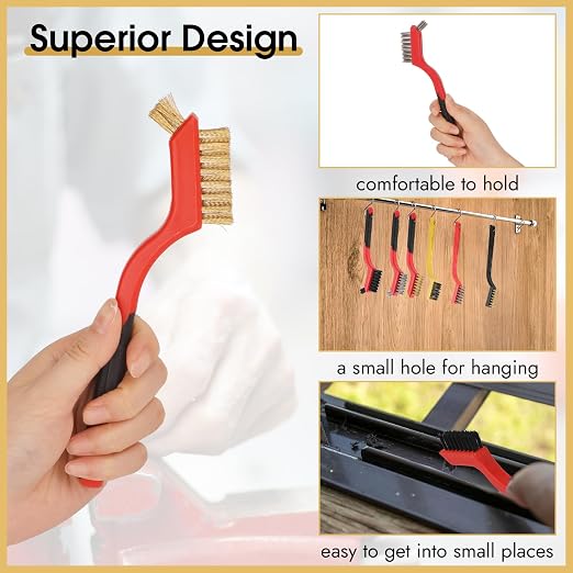 Wire Brush for Cleaning, Small Brass Steel Nylon Brush, Metal Rust Remover | 6 Pcs, Rust/Grease/Paint Removal on Metal/Wood/Grill, Curved Head for Tight Spots, with Hang Hole, Ergonomic Handle, 7 in