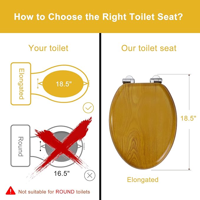 Angel Shield Elongated Wooden Toilet Seat Quiet Close(Oak) | Quick Release Metal Hinges, Adjustable Fit for Standard Elongated Toilets, Easy to Install&Clean