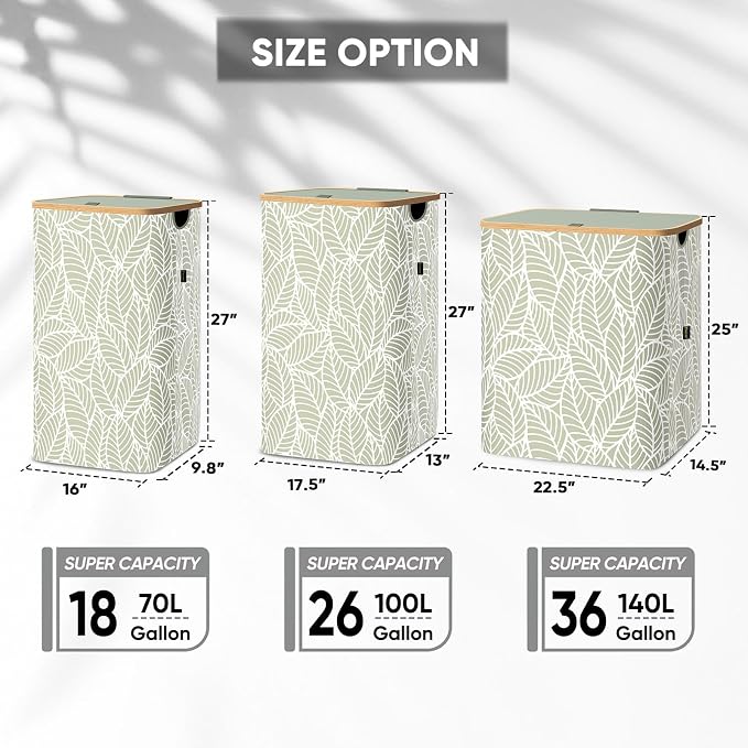 BALEINE Laundry Hamper with Lid, Tall Laundry Baskets with Bamboo Pull Handles, Large Laundry Bin with Internal Support (36 Gal/140L, Antique Foliage)