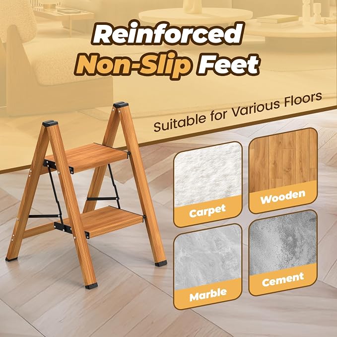 HBTower 2 Step Ladder, Lightweight Aluminum Folding Step Stool | Anti-Slip Wide Pedal, 330lbs Capacity Step Ladder for Household Kitchen Office, Woodgrain