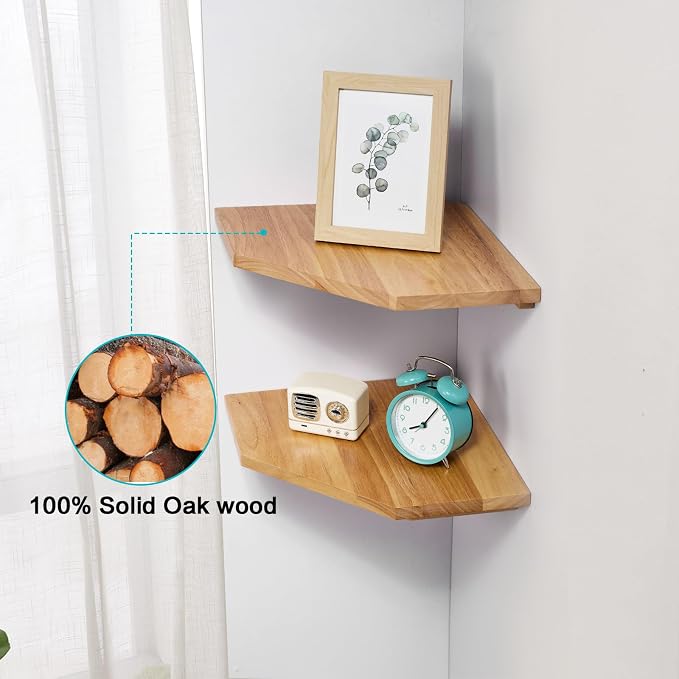 Corner Wall Shelves, Corner Floating Shelves Set of 2 Solid Oak Wood Display Shelf with Wire Hole Small Plant for Kitchen Living Room