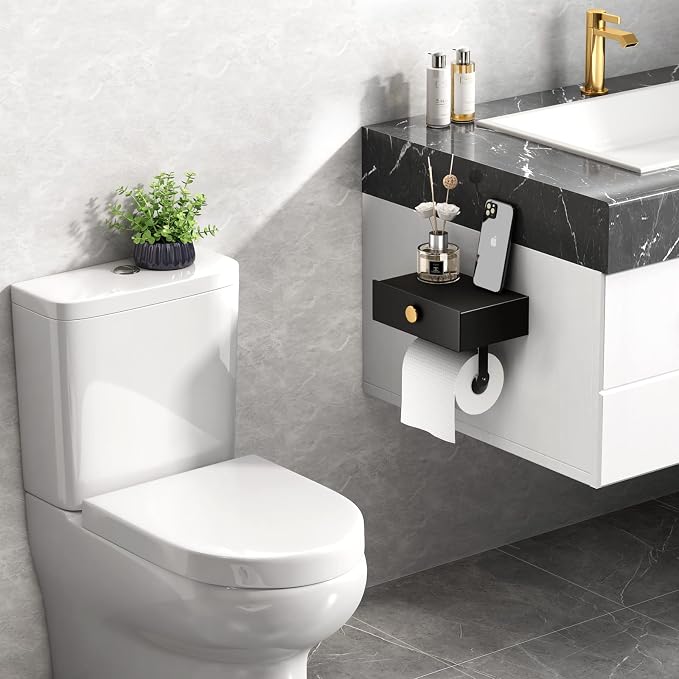 VOLDRA Toilet Paper Holder with Shelf Black Wipes Dispenser for Bathroom Stainless Steel Toilet Paper Holder with Storage Drawer Adhesive Wall Mount Small Bathroom Shelf