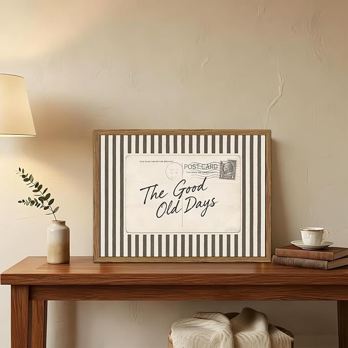 Vintage Postcard Wall Art The Good Old Days Wall Decor Painting, Trendy Positive Quote Poster Canvas Print Picture for Living Room Bedroom 12x16 inch Wood Framed