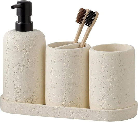 Bathroom Accessories Set,4 PCS Travertine Stone Look Collection,Cream | Modern Bath Organizer with 13.53 OZ Soap Dispenser, Toothbrush Holder, Tumbler, Vanity Tray for Countertop Kitchen Sink