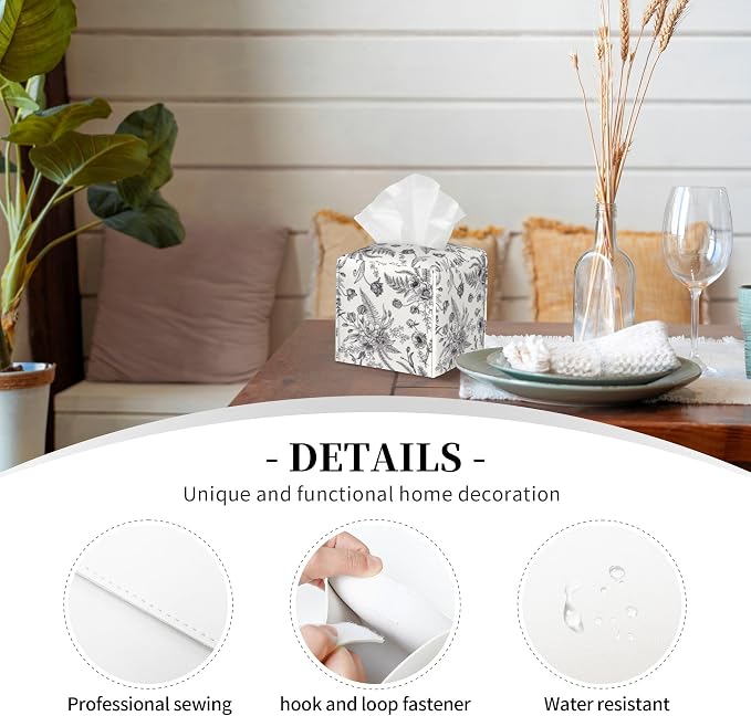 Black and White Flowers Tissue Box Cover Square,Vintage Floral Plant Leaves Tissue Box Holder Waterproof Leather Facial Paper Organizer Dispenser for Bathroom Home Car Nightstand Vanity Desk