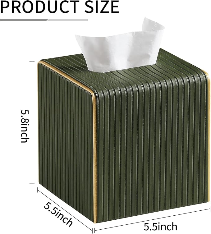 Square PU Leather Tissue Box Cover with Magnetic Closure, Decorative Tissue Holder & Storage Container for Bedroom, Living Room, Dining Room, Bathroom, Countertop, Desk (Square Green)