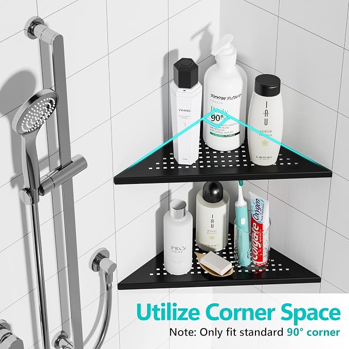 Qeke 2 Pack Bathroom Corner Shelf, Recessed 12" Corner Shower Shelf, SUS304 Stainless Steel Triangular Wall Mount, No Drilling, Matte Black | 304 Stainless Steel Grout in Bathroom Corner Shelves, Bathroom Shelf for Tiled Wall, Rustproof, No Drilling Re...