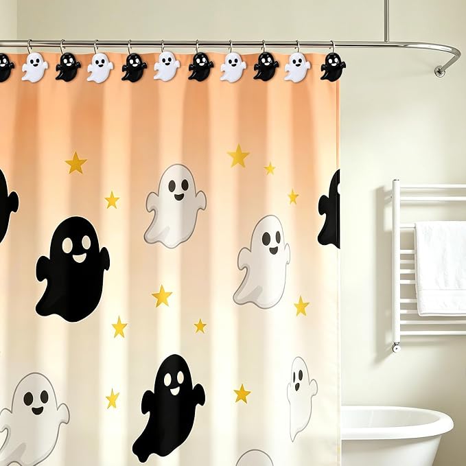 Halloween Shower Curtain Hooks 12 Pcs Ghost Pumpkin Decor Set | Resin Metal Standard Size, Smooth Gliding Rustproof, Bat Skull Spider Cat Designs, Bathroom Festive Home Accents
