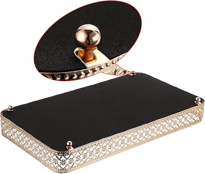ELLDOO Gold Mirror Glass Perfume & Makeup Vanity Tray, Large Size | Hollow-Carved Jewelry Storage, Metal Trinket Organizer for Dresser Bathroom Countertop