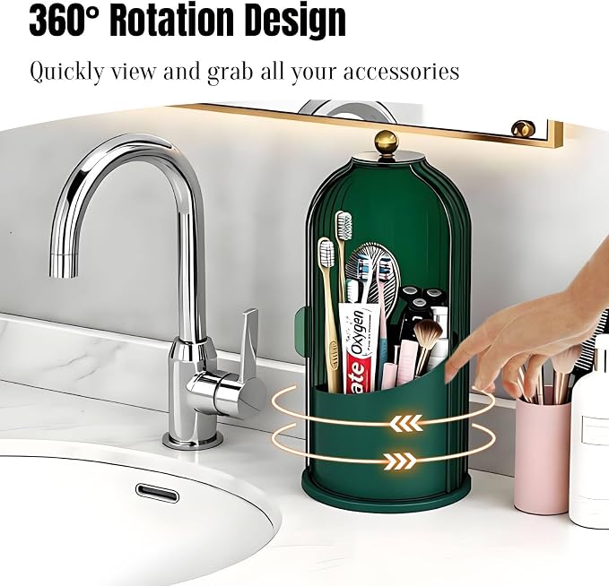 JEESA Dustproof Toothbrush Holder with Cover, All Green | 360° Rotating, 180° Sliding Lid, 3 Slots, Toothbrush Organizer, for Bathroom Countertop