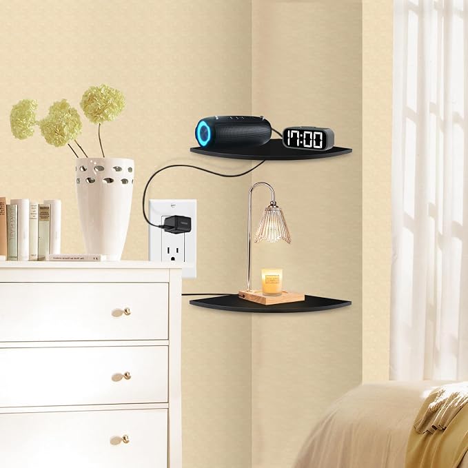 JJL Corner Shelf Wall Mounted, 12-Inch Sector Wood Floating Corner Shelves with Wire Hole, Set of 2 Circular arc Corner Shelf for Bedroom Corner Decoration, Black