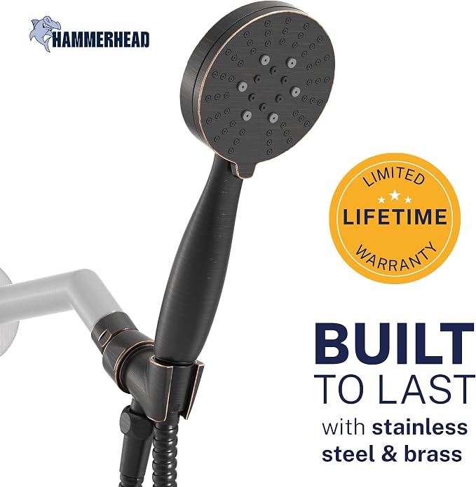 HammerHead Showers® Solid METAL 3-Spray Handheld Shower Head with Long Hose and Holder OIL RUBBED BRONZE - WIDE MASSAGE and MIST Sprays - 1.8 GPM Low Flow Handheld Showerhead -Water Saving Shower Head