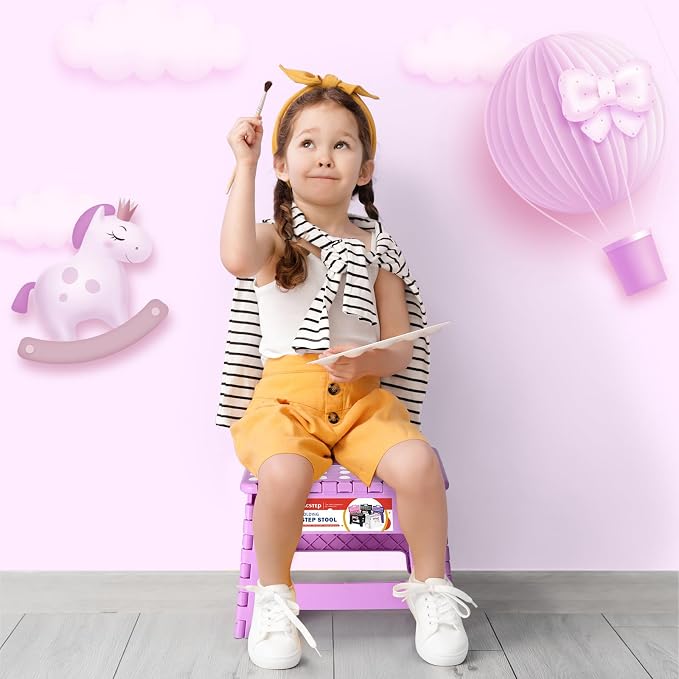 9 Inch Foldable Step Stool for Kids, 300 lb, Light Purple | Lightweight Plastic Small Foldable Step Stool with Handle, Non-Slip, for Kitchen, Bathroom, Bedroom and Closet