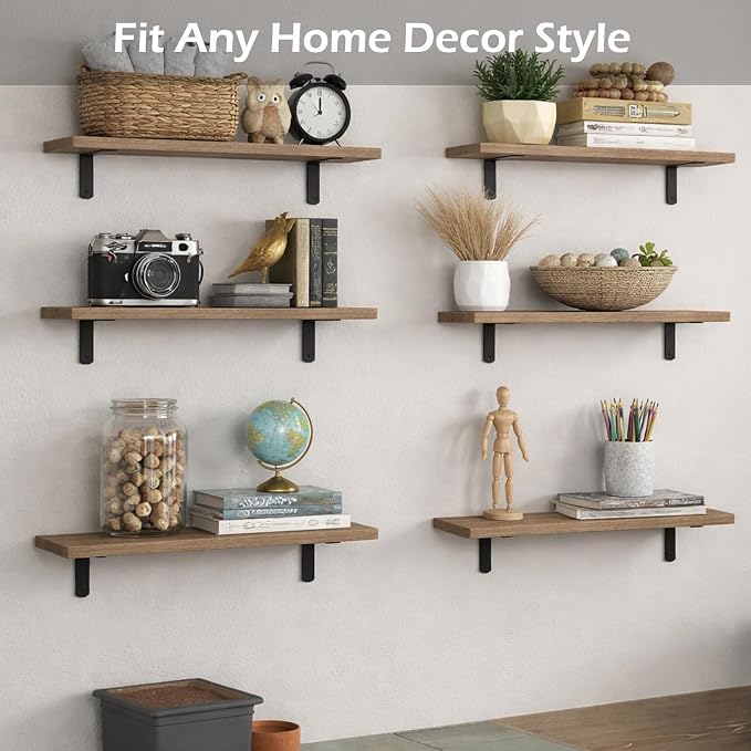 Floating Shelves Set of 6, Wooden Floating Shelves for Wall Decor, Farmhouse Shelf for Bedroom, Wall Mounted Bathroom Storage Shelves, Floating Book Shelves for Living Room
