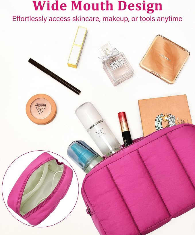 2 Pcs Makeup Bag Travel Toiletry Bag for Women Puffy Padded Cosmetic Pouch Purse Wide-open Makeup Organizer Case Travel Essentials