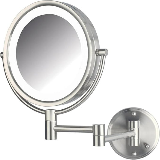 JERDON Hardwired Wall-Mount Makeup Mirror - 8X/1X - Nickel - HL88NLD | 8.5" Round Frame, 13.5" Wall Arm, LED Lighting, Direct Wire Installation