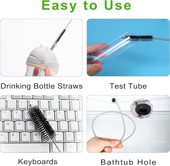 CiaraQ11-Piece Black Tube & Pipe Cleaning Brush Set | – 10 Rigid Brushes 1/16"-1" + 60" Flexible Wand brush, Medium-Stiffness Nylon – for Drains, Guns, Coffee & Labs