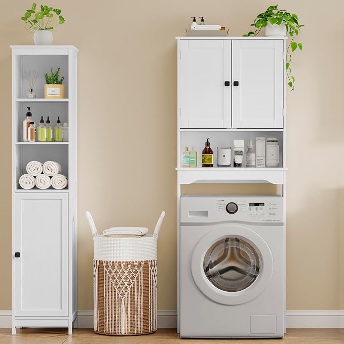 RRX Over The Toilet Storage Cabinet, Bathroom Above Organizer (Pure White) | Free Standing Toilet Rack with Adjustable Shelf and Open Storage, Double Doors, Space Saver, 24.8" L x 9.1 "W x 65.7 "H