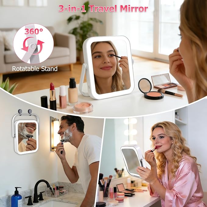 FUNTOUCH 3000mAh Rechargeable Travel Magnifying Mirror with Light,White | 2-Sided 30X Magnifying travel makeup mirror with 3-Color Lighting, Dimmable Touch Screen,Compact Vanity Mirror for Women Gift