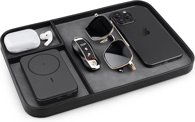 SENEN Leather Tray, Stylish and Organized Multifunctional Tray, for Table Entryway, Premium PU Leather, Catchall Tray for Keys, Watch, Wallet, Jewelry, and More (Black Frame)