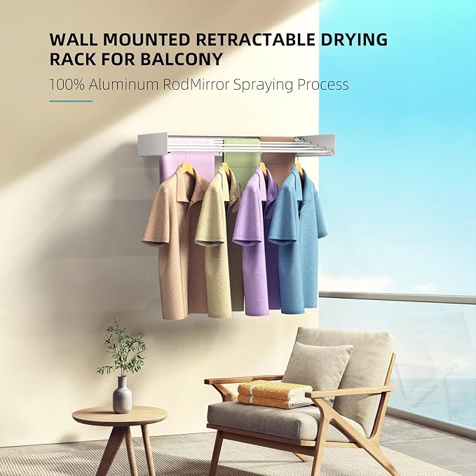 Laundry Drying Rack, Collapsible Wall Mounted Clothes Drying Rack - Drying Rack Clothing Foldable,Space Saving, 32" Wide, 13.2 Linear Ft, 5 Aluminum Rods, 60 lb Capacity (White, 32")