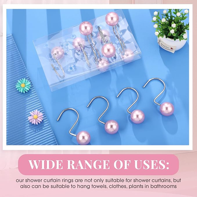 12 Pcs Cute Shower Curtain Hooks Shower Curtain Rings Artifical Pearl Decorative Vintage Rustproof Hooks for Bathroom Country Farmhouse Decor (Pink)