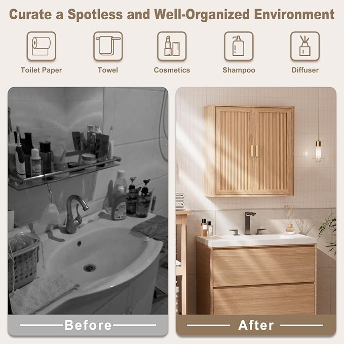 Bathroom Storage Wall Cabinet, Over the Toilet Storage Cabinet Above Toilet Storage, Medicine Cabinet with Adjustable Wood Shelf & Doors for Laundry Room & Kitchen & Living Room (Natural Oak)