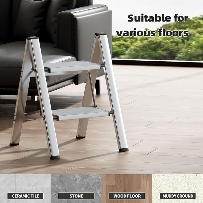 HillhutApex Aluminum Step Stool Foldable,2 Step Ladder (Silver) | Lightweight Portable step ladder with Anti-Slip Wide Pedal,330lbs Capacity Ladder for Household,Office,Kitchen