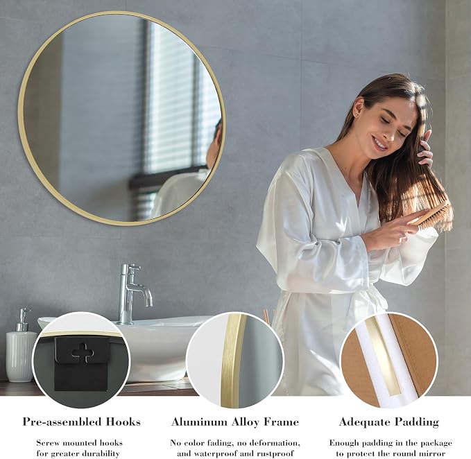 NEWBULIG 30 Inch Round Bathroom Mirror, Wall Mount Vanity Mirror | Circle Mirror for Over Sink, Matte Metal Frame, Entryway Decor, Bedroom Decor, Gold
