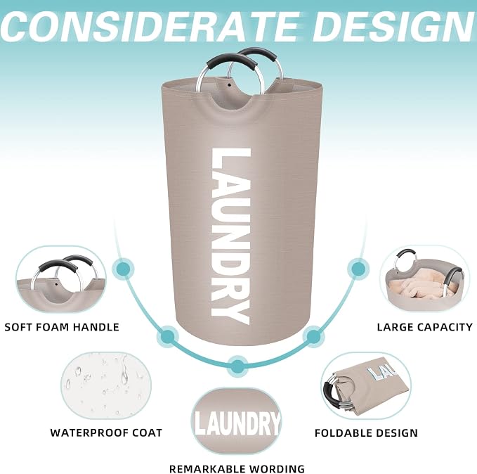 90L Large Laundry Basket, Dirty Clothes Waterproof Laundry Hamper, Khaki | Collapsible Laundry Basket with Foam Protected Aluminum Handles for Laundry Dorm Family, Black Dirty Clothes Hamper
