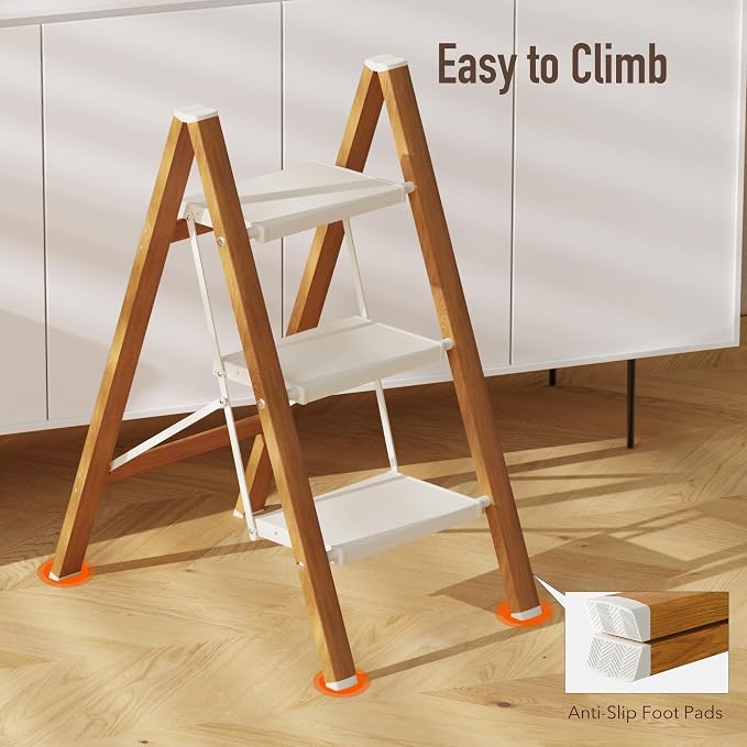 Mayi Plus 3 Step Stool Foldable, Aluminum, Lightweight Step Ladder | Extra-wide anti-slip folding steps with 330 lbs, for home,kitchen,office,outdoor,White & Woodgrain.