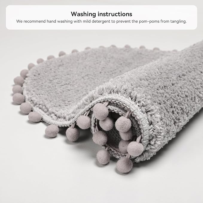 YIRDDEO Oval Rug for Bathroom, Cute Boho Bath Mat with Pom, Light Grey | Soft Plush, Absorbent, Quick Dry, Machine Washable, Non Slip Bath Mat for Bathroom Shower Floor Home Decor
