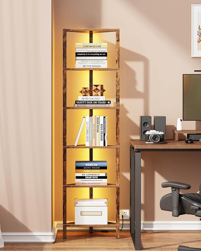 TUTOTAK Corner Shelf with LED Light, 6-Tier Corner Bookshelf | for Small Space, Narrow Display Corner Shelf Stand with Storage Rack, for Living Room, Bedroom, Brown BS05BC006L