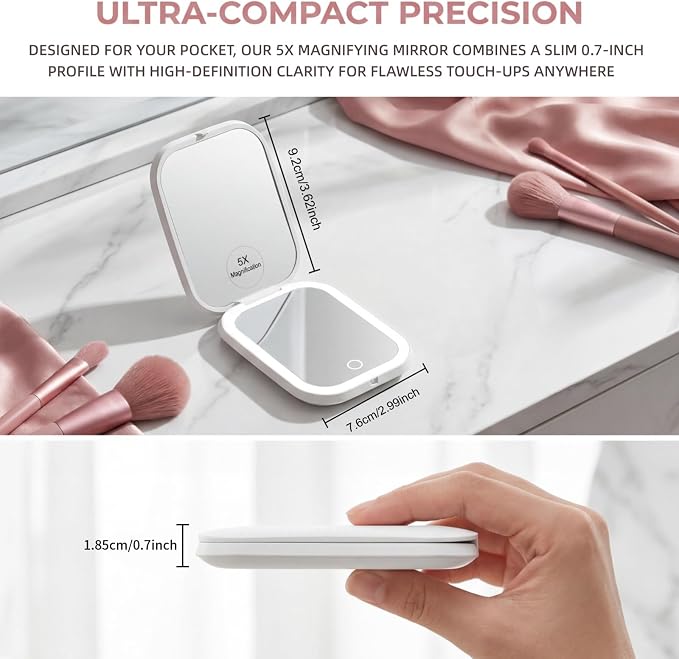 5X Magnifying Mirror, Compact Mirror for Makeup with 3 Lighting Modes and Adjustable Brightness, Portable Makeup Mirror Type-C Rechargeable, Pocket Mirror Fits in A Handbag, Gift for Girls