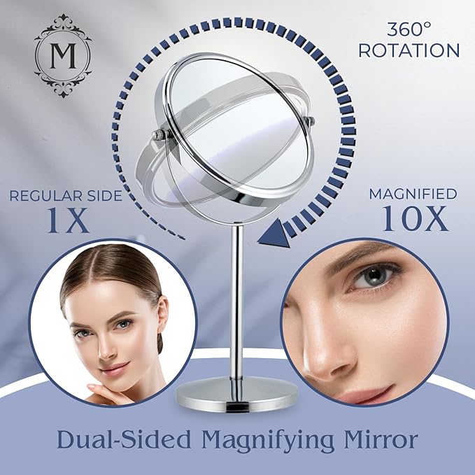 Double Sided 10X/1X Magnifying Mirror, 7" x 14" (Chrome) | Makeup Mirror on Round Stand for Table, Bedroom Vanity Desk & Bathroom Counter - Free Standing Vanity Mirror for Beauty Care