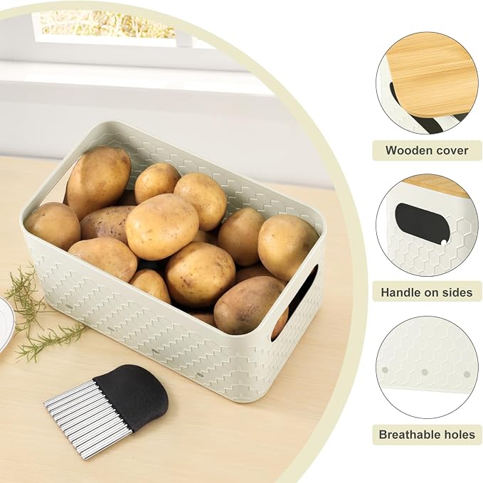 Kitchen Vegetable Storage Set of 3, Metal Onion Garlic Potato Storage Set, Kitchen Canisters Vegetable Keeper Containers with Aerating Holes and Bamboo Lid,Embossed Beige