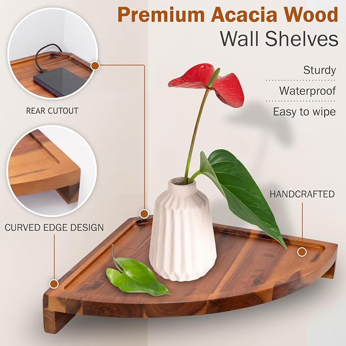 Demigo Round Floating Corner Shelves, Natural Acacia Wall Shelf, Set of 2 | Wall-Mounted Storage Shelves for Home Decor, Living Room, Kitchen, Office & Bedroom, Space-Saving Wood Display