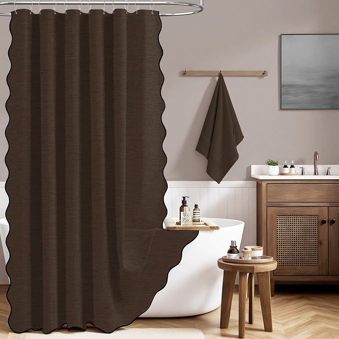 84x72 Boho Scalloped Linen Textured Cloth Shower Curtain Set, Brown | Wide Size, 230GSM Waterproof Polyester, Heavy Duty Fabric, 14 Plastic Hooks, Elegant Modern Farmhouse Style, Machine Washable