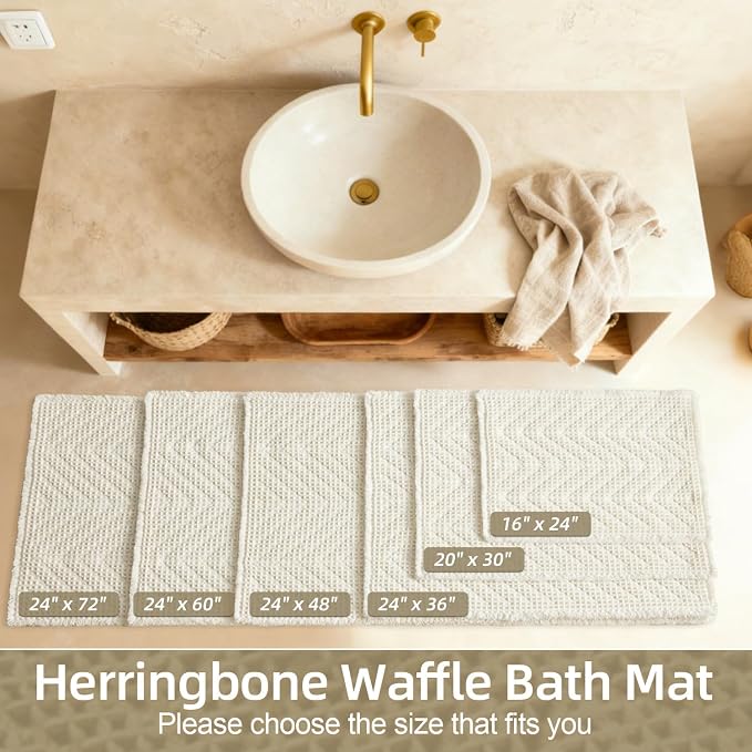 Sunfly Waffle Runner Rug for Bathroom, Long Boho Bath Mat Non-Slip Washable Super Absorbent Quick Dry, Farmhouse Bathroom Decor 24"x48" Cream