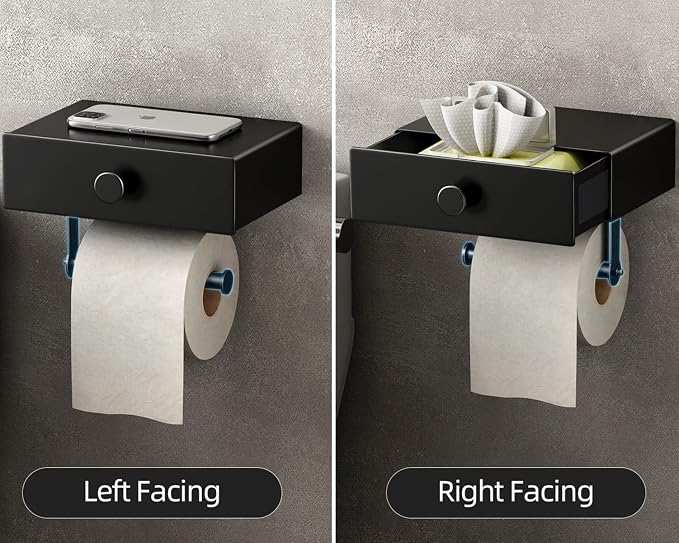 VOLDRA Toilet Paper Holder with Shelf Black Wipes Dispenser for Bathroom Toilet Paper Holder with Storage Upgrade Drawer Design Toilet Tissue Holder Adhesive Small Bathroom Shelf Wall Mount