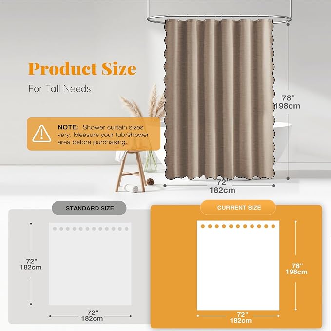 72x78 Boho Scalloped Linen Textured Cloth Shower Curtain, Tan/Taupe | Long Size, 230GSM Waterproof Polyester, Heavy Duty Fabric, 12 Plastic Hooks, Elegant Modern Farmhouse Style, Machine Washable