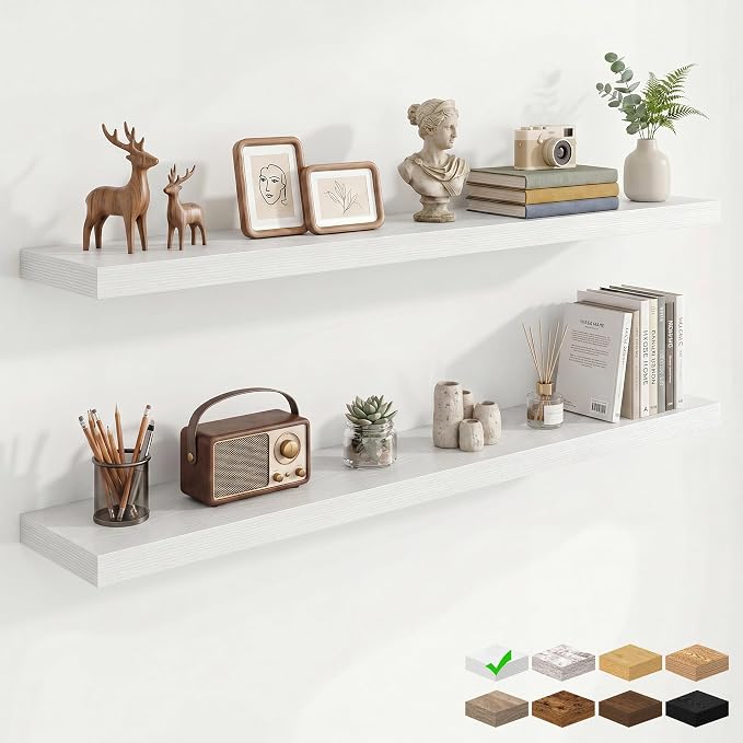 9.25in Depth 55in Floating Shelves, 55"W x 9.25"D x 1.5"H, White, 2Pcs | Long Wall Mounted Engineered Wood Shelves for Wall with Invisible Brackets for Living Room, Bedroom, Bathroom, Kitchen