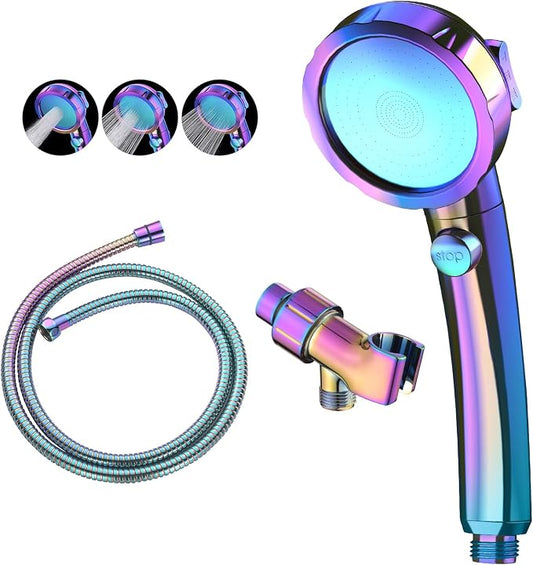 High Pressure Handheld Shower Head with ON/OFF Switch, 3 Spray Modes, Adjustable Angle Bracket, Radiant Rainbow | 3 Spray Modes Shower Wand with Shut Off Button, Camper & RV Showerhead with Hose & Angle Adjustable Holder, Radiant Rainbow