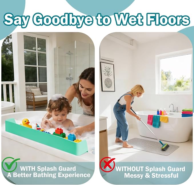 Bathtub Splash Guard for Tub Kids- Silicone Bath Play Shelf | 31" Extra Long Toy Tray & Caddy Holder, Prevent Water Spills & Messy Floors, Tub Edge Guard for Bathroom- Light Green