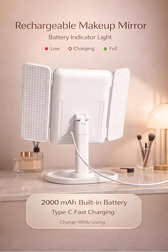Lupow Lighted Makeup Vanity Mirror, 4 Magnifications, Rechargeable, Trifold | 1X/2X/3X/10X Views, Seamless Light Strip, Dimmable 3-Color Lighting, 2000mAh Battery, Height Adjustable, Gift For Women