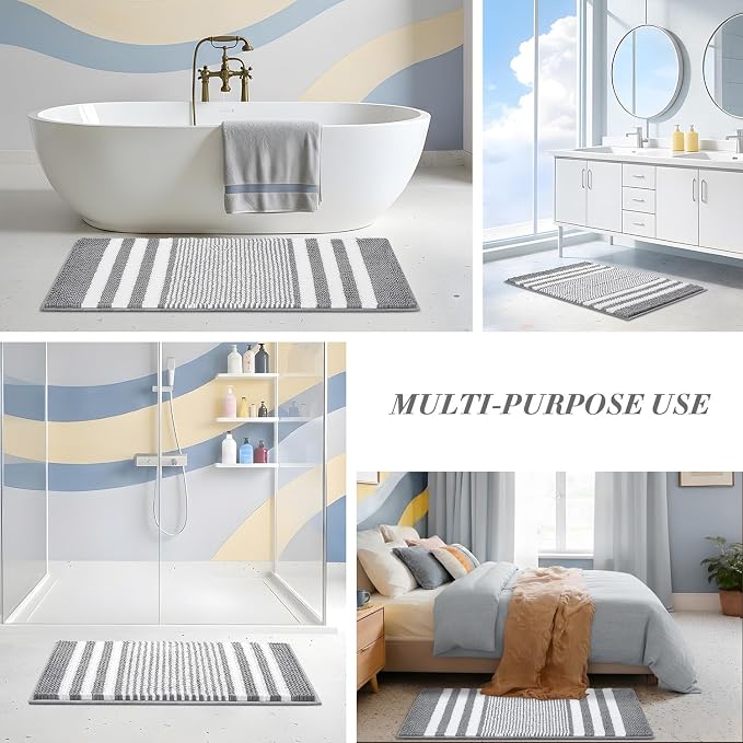 Bathroom Rugs, 47x20 Inch Extra Soft Absorbent Shaggy Chenille Bath Rugs, Non Slip Backing Quick Dry Machine Washable Modern Bath Mat for Bathroom Floor, Home Decor Accessories,Light Grey