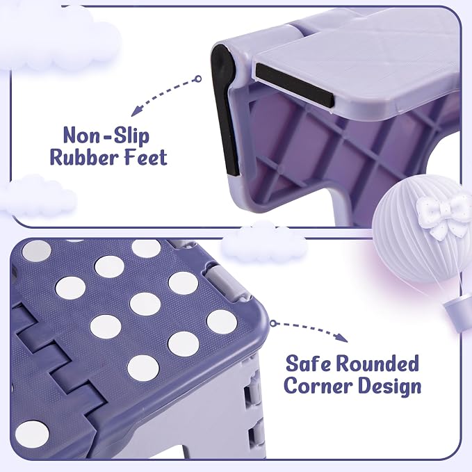 Folding Step Stool 9 Inch for Kids, 300 lbs, Bicolor Purple | Lightweight Plastic Small Foldable Step Stool with Handle, Non-Slip, for Kitchen, Bathroom, Bedroom and Closet