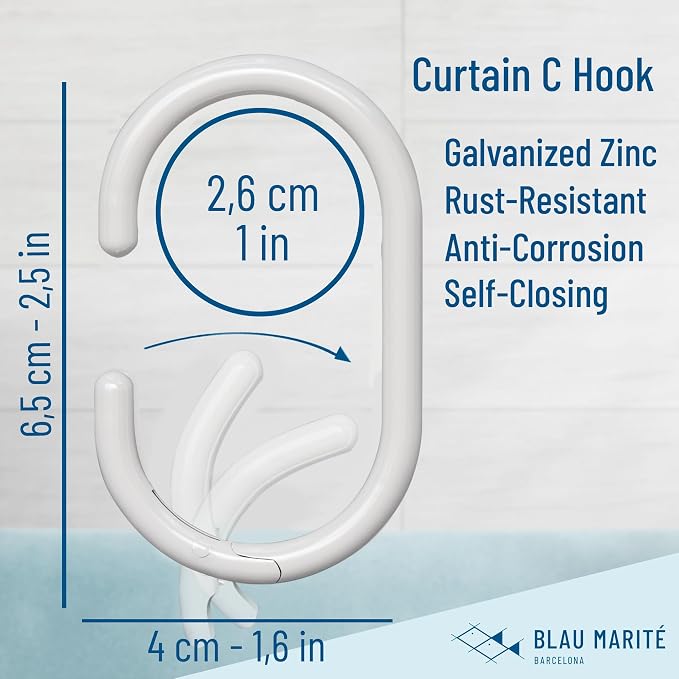 12 Metal Shower Curtain Hooks, Rust-Proof Decorative C-Shaped Curtain Hooks for Bathroom, White Shower Curtain Rings, Fits Rods Up to 1 Inch (C, White)