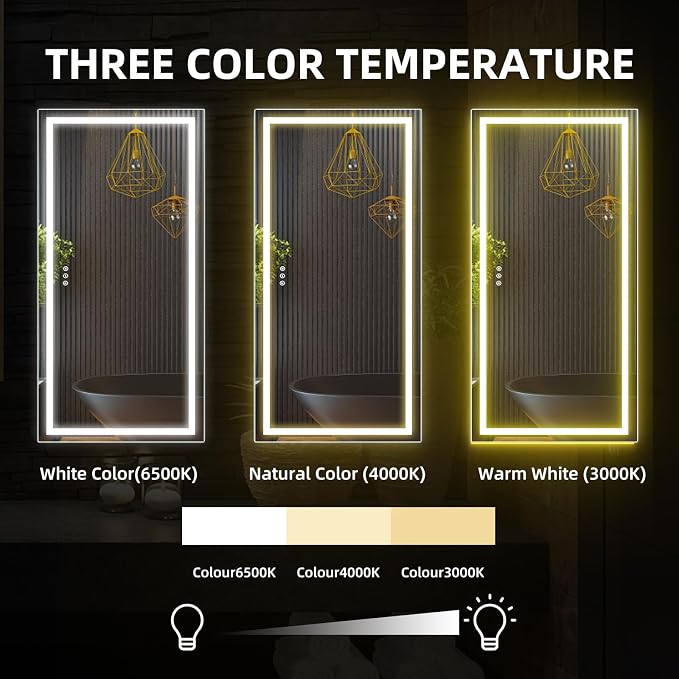 72x36 Inches LED Bathroom Mirror with Backlit & Front Light, Smart 3-Color Dimmable Anti-Fog, 3000k/4000k/6500k Wall-Mounted for Home and Hotel